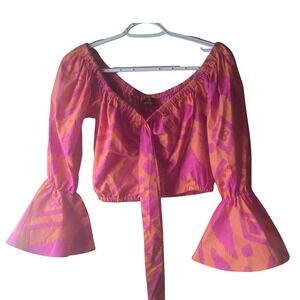 D'IYANU Crop Top Large Orange Pink Puff Sleeve Tie Front 100% Cotton Boho